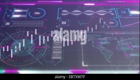 Projecting holographic candlestick chart overlaying screen in analysis room, with red trend line Stock Photo