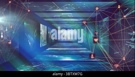 Extending 3D digital corridor showcasing data tunnel in virtual network, with holographic screens Stock Photo