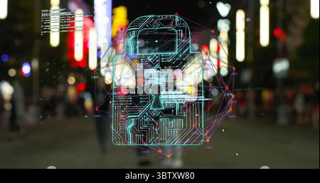 Displaying digital padlock icon with circuit board nodes glowing over nighttime street, neon bars Stock Photo