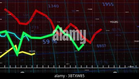 Displaying red green yellow light blue line chart on dashboard, with grid lines and numeric labels Stock Photo