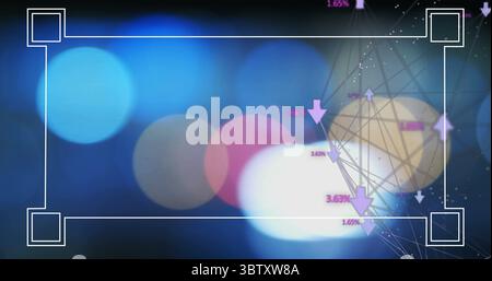 Displaying central bokeh light cluster on dashboard featuring frame, network nodes, percent arrows Stock Photo