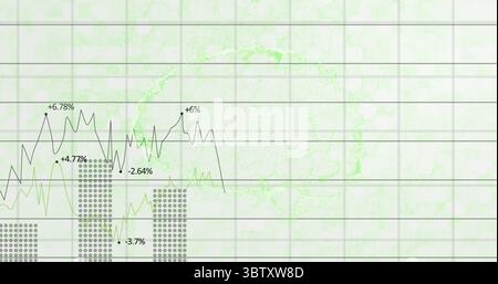 Displaying chart tracing data trends on slide, featuring grid, world map, bars and line graphs Stock Photo