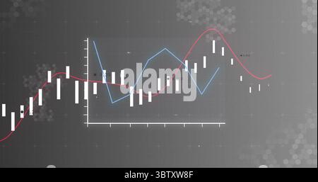 Displaying financial chart on screen with candlesticks, blue and red lines, hexagon overlay Stock Photo