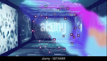 Projecting holographic brain spinning in wireframe cube in lab, with icons and virus DNA diagrams Stock Photo