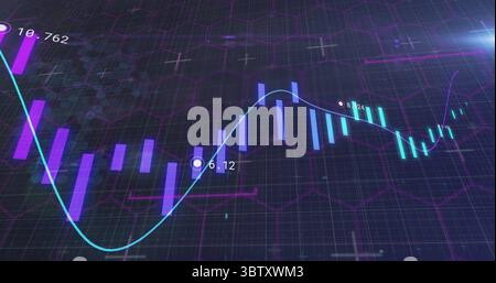Displaying financial chart on futuristic dashboard with bars line labels and crosshairs on hex grid Stock Photo