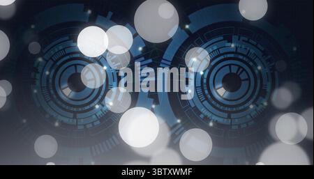 Rotating concentric HUD elements glowing in virtual high-tech space, with grid lines and bokeh orbs Stock Photo