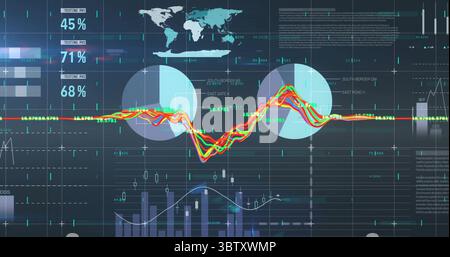 Displaying colorful line graph on grid interface, with percent indicators and world map silhouette Stock Photo