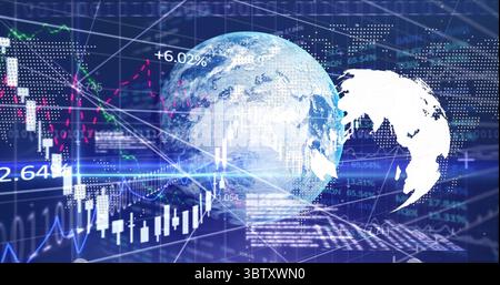 Displaying digital Earth globe hovering in data interface with candlestick charts and binary code Stock Photo