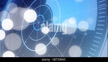 Displaying circular radar interface rotating over dark grid on screen, with glowing orbs and bokeh Stock Photo
