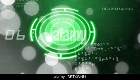 Displaying neon green HUD showing 354 on interface screen, with alphanumeric code and bokeh circles Stock Photo
