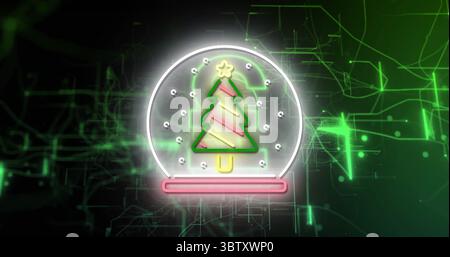 Floating neon snow globe against neon circuit board backdrop, with glowing Christmas tree stripes Stock Photo