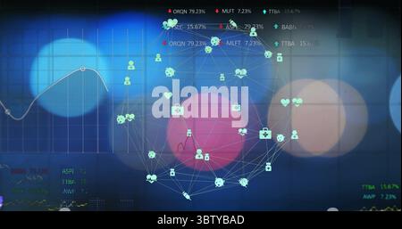 Displaying network graph on screen, with nodes, molecular icons and percentage curve Stock Photo