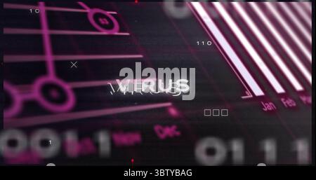 Displaying central glitching VIRUS text in security screen, with grid, binary code and bar graphs Stock Photo