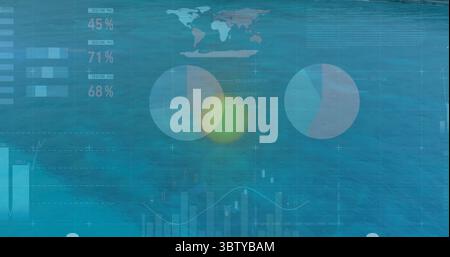 Displaying translucent pie charts over open sea, with world map bar and line graph percentages Stock Photo
