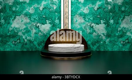 Marble and gold Pedestal of Platform display with modern stand podium on green marble room. Blank Exhibition stage backdrop or empty product shelf. 3D Stock Photo
