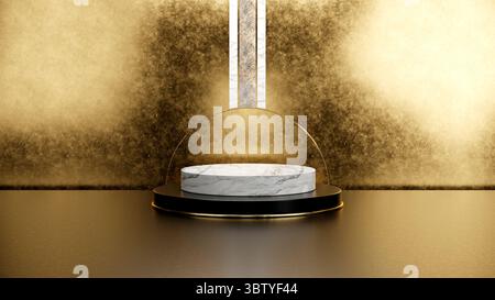 Marble and gold Pedestal of Platform display with modern stand podium on golden room. Blank Exhibition stage backdrop or empty product shelf. 3D rende Stock Photo