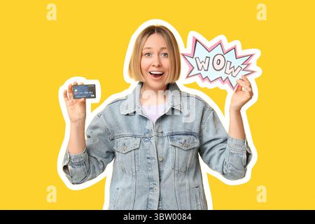 Surprised woman holding speech bubble with word WOW and credit card on yellow background Stock Photo