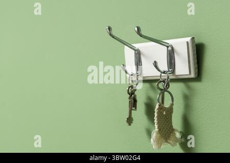 Rack with keys from house on green wall Stock Photo