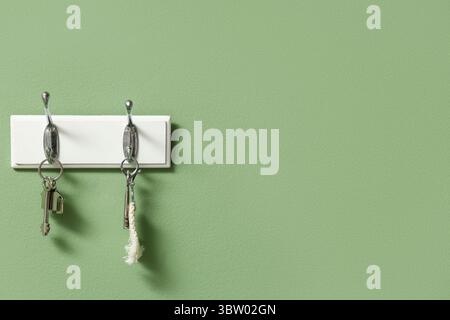 Rack with keys from house on green wall Stock Photo