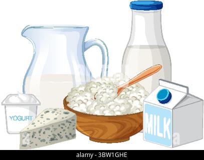 Various dairy items including milk, yogurt, cheese, and cottage cheese arranged in a clean, flat vector style with soft colors and clear outlines Stock Vector