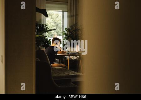 Teen sitting at table with laptop, studying or working at home, seen through doorway indoors Stock Photo