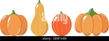 A set of three vibrant, cartoon style pumpkins in various shapes and sizes, with green stems and orange hues, perfect for autumn or Halloween designs. Stock Vector