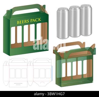 Beverage Cans Box Dieline – Foldable Packaging Template with Handle and Window Stock Vector