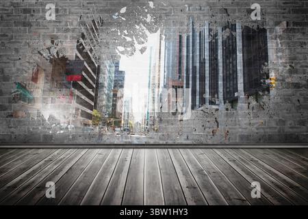 Splash on wall revealing city Stock Photo
