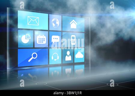 Futuristic 3D holographic panel is hovering above grid floor with mist, showcasing white icon tiles Stock Photo