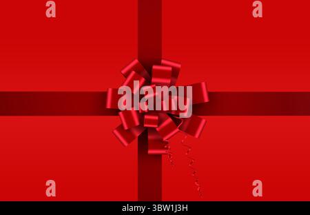 Flat design is featuring red bow with curled ribbon tails and crossed ribbons on red backdrop Stock Photo