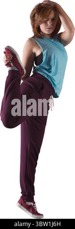 Flat design showing female athlete balancing on one leg and doing quad stretch on white backdrop Stock Photo