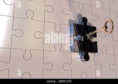 Black puzzle piece lock is holding golden key within 3D render of interlocking beige puzzle pieces Stock Photo