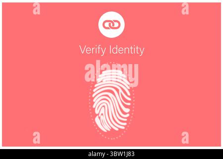 Showing flat design coral red UI featuring white link icon, verify identity text, fingerprint icon Stock Photo