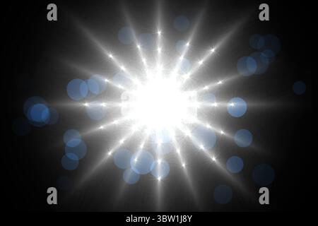 Central white light burst is radiating beams on flat design dark background with blue bokeh circles Stock Photo