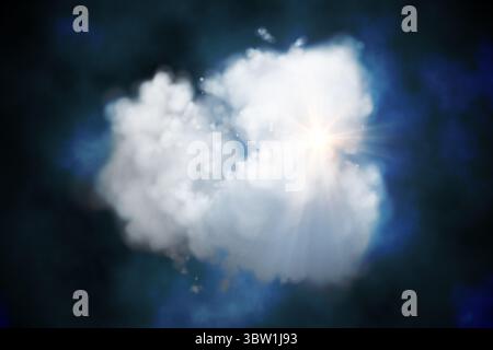 Glowing cloud is floating in 3D with starburst light, glowing particles against smoky blue backdrop Stock Photo
