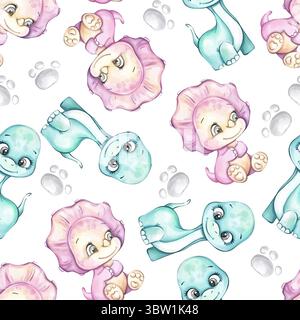 Cute watercolor seamless pattern featuring playful cartoon dinosaurs and flowers, perfect for background or wallpaper use in various crafts and Stock Vector