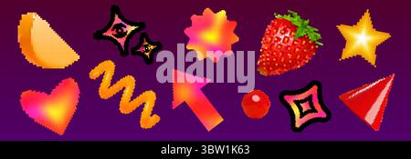 Y2k pixel shapes set with brutalism aesthetic - gradient hearts, sparkling stars, strawberry icon, orange slice, retro arrows and geometric forms. Nostalgic digital art elements for vaporwave design. Stock Vector