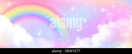 Magical unicorn sky with rainbow gradient and clouds. Pastel pink purple dreamscape with sparkling stars and soft cotton atmosphere for fantasy birthday party backdrop or fairy tale illustrations. Stock Vector