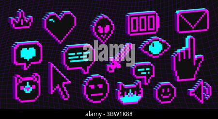 Retro pixel art 3d emoticon set - neon purple digital communication icons with glowing effect. Gaming style social media elements, chat symbols, reactions for ui design. Cyberpunk aesthetic interface Stock Vector