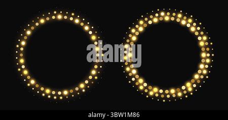 Golden halftone frames, glowing circle borders, round pattern with dots, radial disco luxury design element. Stock Vector