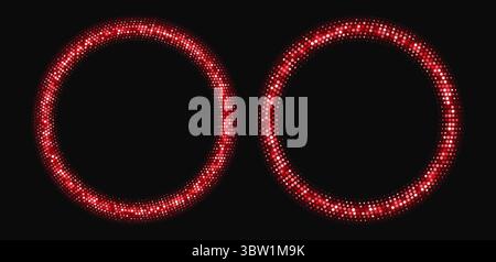 Red halftone frames, glowing circle borders, round pattern with dots, radial disco luxury design element. Stock Vector