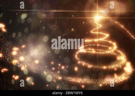 Swirling golden spiral forming tree in flat design on dark backdrop with bokeh, sparks, lens flare Stock Photo