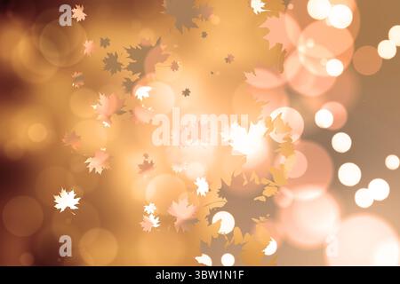 Abstract flat illustration is showing floating maple leaf shapes drifting over golden bokeh circles Stock Photo