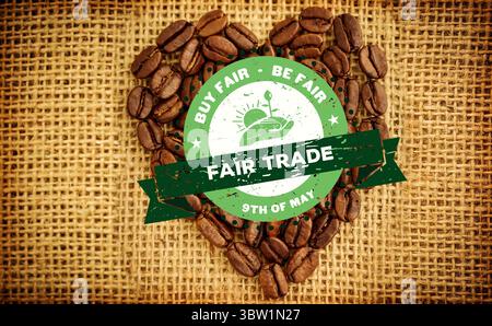 flat design heart-shaped coffee beans being displayed on burlap, featuring green fair trade emblem Stock Photo