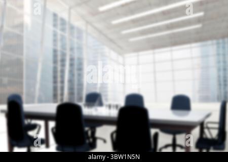 Modern conference room is featuring glossy rectangular table with black chairs and city skyline Stock Photo