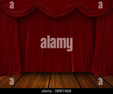 Flat design is showing red velvet curtain hanging across stage on wooden floor planks Stock Photo