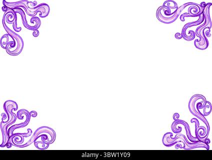Frame. In each corner of the background there are patterns consisting of curls and rounded shapes. Different shades of purple and pink. Drawing with c Stock Photo