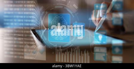 Artificial Intelligence and Data Processing Interaction on a Digital Touchscreen Interface. Stock Photo