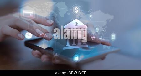 Digital Banking and Financial Services Platform with Global Network Visualization. Stock Photo