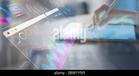 Interactive Data Analytics Dashboard with Business Charts Displayed on Digital Tablet. Stock Photo